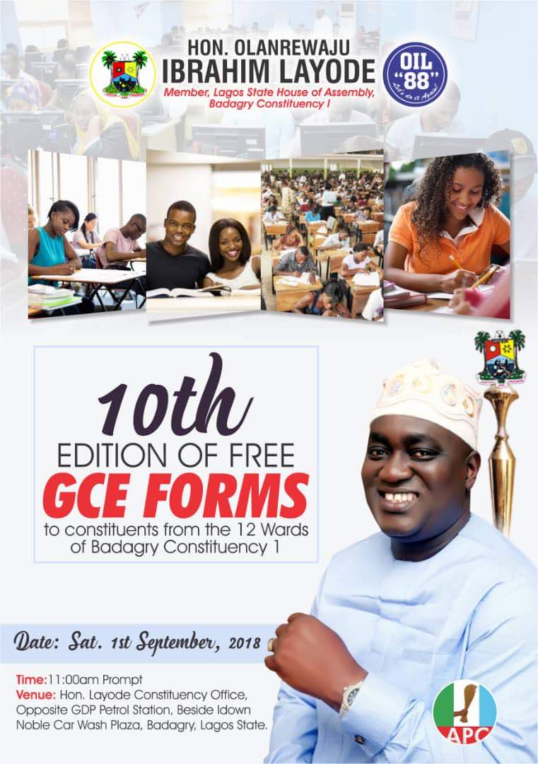 hon_oil's tweet photo. Join me this Saturday 1st September, 2018 for the 10th Edition of FREE GCE FORMS to the people in my Constituency. 

Venue: Hon. Layode Constituency Office Opposite First Bank, Badagry. 
Time: 11:00 am
#OIL88 #Education #Badagry 
@lshaofficial @irepbdg_ @realTodejiSB @WusuPedepo https://t.co/Vw9FDgZxVX
