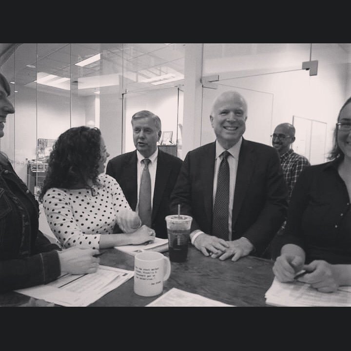 StephWoodsNews's tweet image. That time when @SenJohnMcCain and @LindseyGrahamSC delightfully interrupted our afternoon meeting at @WMUR9. He walked up with a smile, pounded his fist on the table and said, “So how are we going to bring these bastards down?” Not sure who they are but yeah John, we’ll get ‘em.