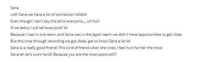 "Sana and Jeongyeon were not close". Attached below is what Jeongyeon wrote about Sana during Sixteen era. Sana can also be seen in 6mix photos.