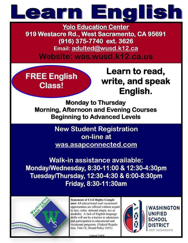 WAdultSchool_WS's tweet photo. FREE English Classes. Learn to Read, Write and Speak English. Register today! Call 916-375-7740 for more information or register on-line https://t.co/4opm4mCqDB https://t.co/FL6DMD4P3p