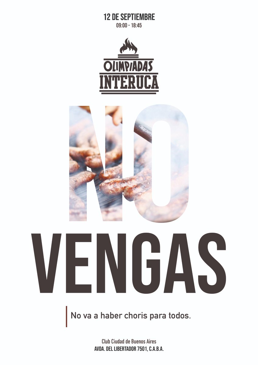 DeportesUCA's tweet photo. Olimpíadas InterUCA 2018.
Anotate en tu centro de estudiantes para que no falten choris. https://t.co/Ep73ccI1wP