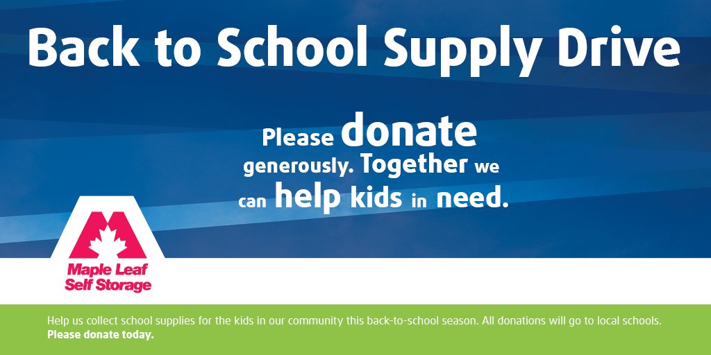 1 week left to donate NEW school supplies for much needed kids in our community. Drop them off at all <a href="/StoreMapleLeaf/">Maple Leaf Self Storage</a> locations in both BC and Calgary. Details at ow.ly/4s5o30l5m9V #donation #helpthekids #SchoolSupplyDrive <a href="/StrMapleLeafCal/">Maple Leaf Self Storage Calgary</a>