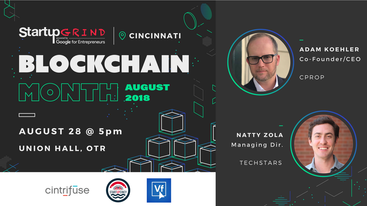 StartupGrindCIN's tweet photo. August is #Blockchain month at Startup Grind! Come hang with @apkoehler from @cryptoproperty. Make some friends. Grab some food & a cold one. FREE ADMISSION thx 2 @cintrifuse support. BONUS: AMA session w/ @techstars Boulder DM @NattyZ at 5! #SGBlockchain #StartupCincy #crypto https://t.co/ptOgiYOg2J