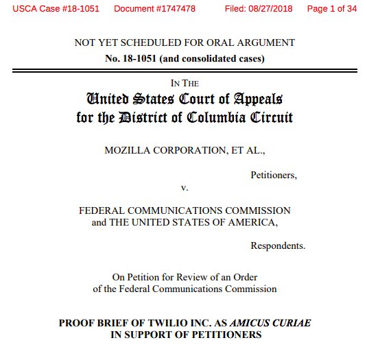 twilio's tweet photo. Twilio supports the freedom to communicate. That's why we filed an amicus brief to the DC Circuit Court on why the FCC was wrong to roll back net neutrality protections. https://t.co/B81x5nYVd3 https://t.co/Dq3VpqU9OC