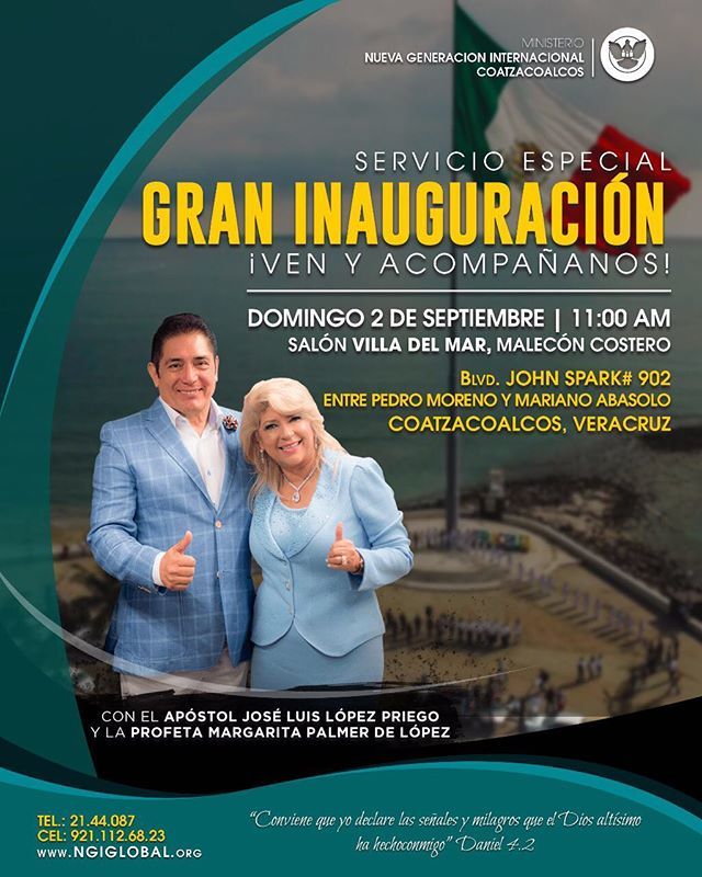 ApostolJLLP's tweet photo. GRAN  INSUGURACION NGI COATZACOALCOS ver. Próximo domingo 02 de Septiembre 11:00 am estaremos la Prof. Margarita y yo acompañado de pastores y ministros de NGi, salón Villa del Mar, Boulevard Costero John Spark 902 entre pedro Moreno y Abasolo, si vives en COATZACOALCOS, MIN… https://t.co/iahQQ0jmq0