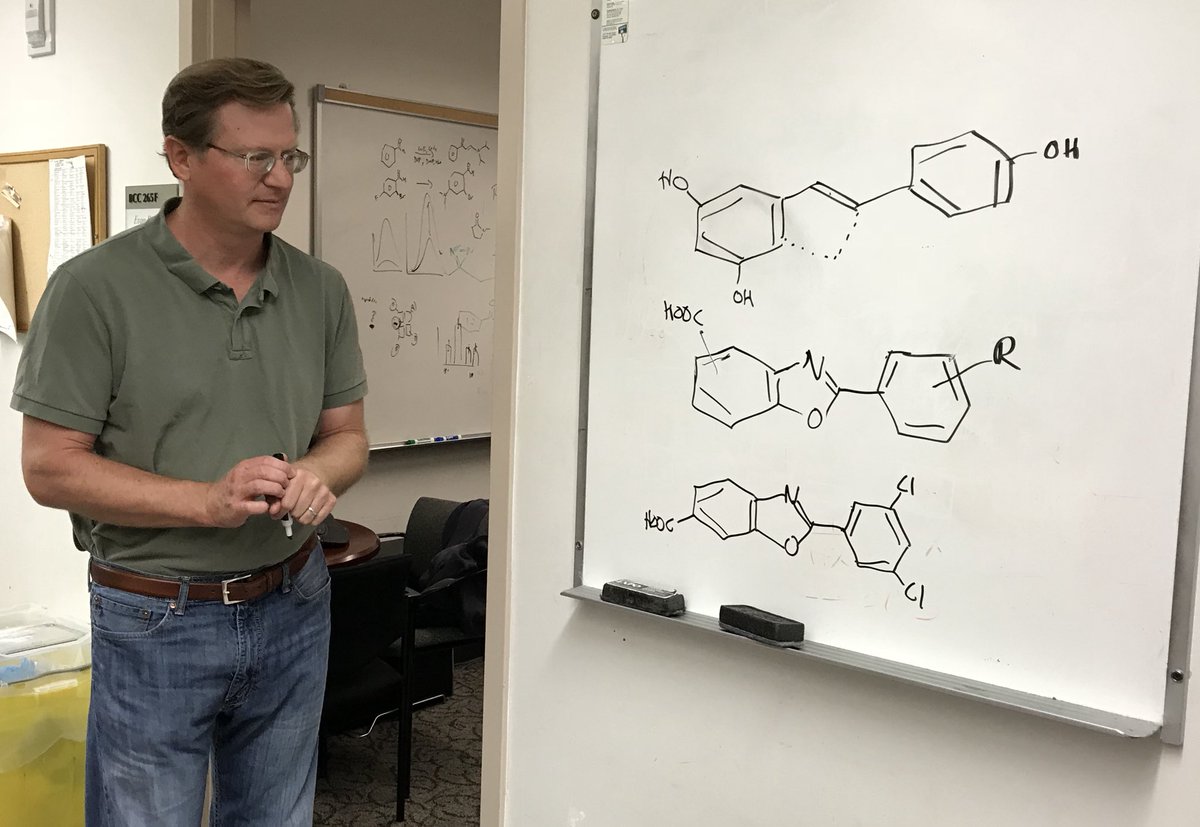 Some ATTR-ACT related medicinal chemistry. Dr. Evan Powers showing us how he designed the molecule that became tafamidis, at the bottom, based on the observation that resveratrol binds to transthyretin. We’re  incredibly excited that work from our lab is benefiting patients.