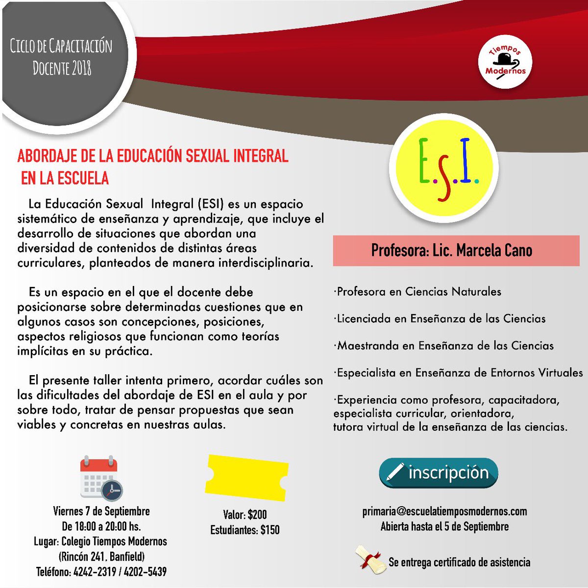 CTModernos's tweet photo. Capacitación Docente: Educación Sexual Integral en la Escuela. Viernes 7 de Septiembre 18:00 hs. en Rincón 241, Banfield. ¡Anotate! https://t.co/GWmzCZLzJc