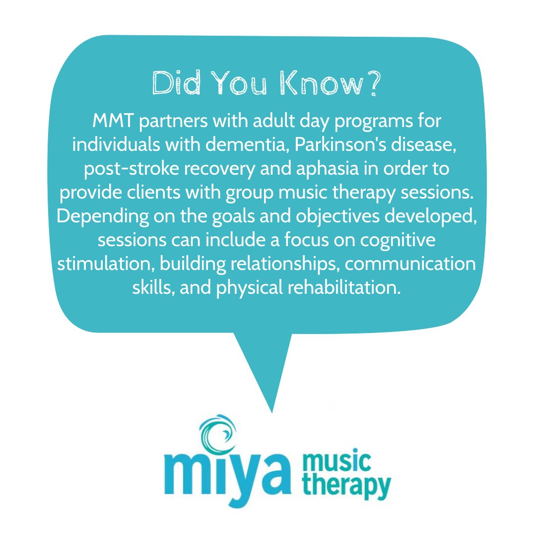 MMusicTherapy's tweet photo. Did you know that MMT partners with adult day programs that include individuals with dementia, Parkinson's disease, post-stroke recovery, and aphasia? Become an MMT community partner by following this link: 
https://t.co/P2HkuMw0Pf https://t.co/IyVtj4L2fS