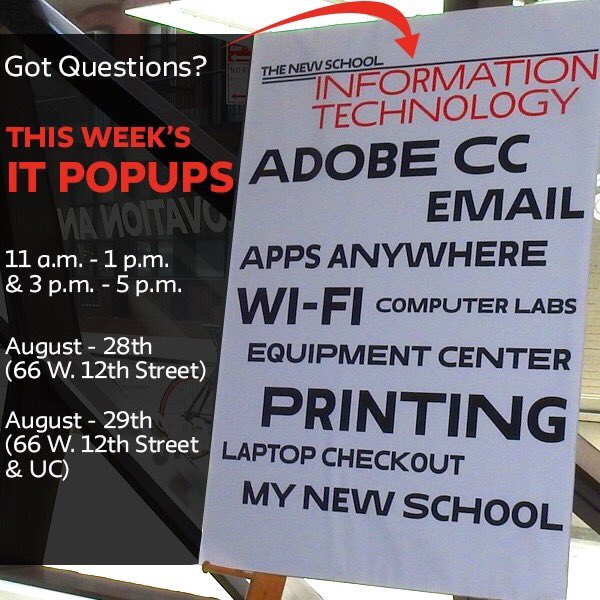 NewSchoolIT's tweet photo. All your New School tech questions answered! Stop on by! #staytechy #ITCentral #TNSITCommunity https://t.co/FLIRYOWGGi