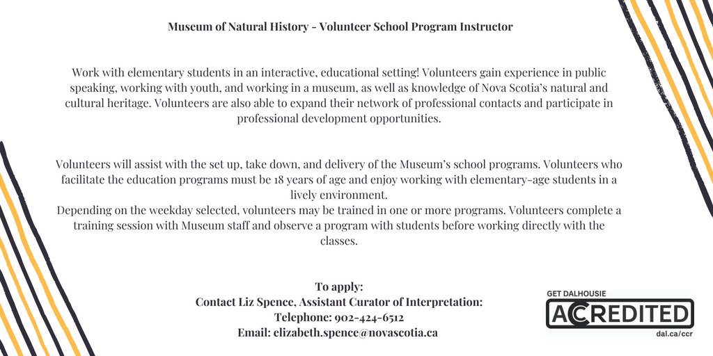 Volunteer in the Halifax community and get it on your #CoCurricularRecord! Put your leadership skills to good use shaping young minds in a great environment at the Museum of Natural History. #GetInvolved #VolunteerHalifax #Community #Dal200 #DalGivesBack #Museum #Environment