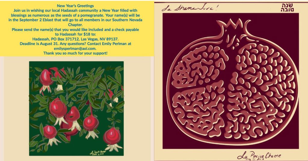 Hadassah_SNV's tweet photo. New Year’s Greetings
Join us in wishing New Year’s Greetingd to our local Hadassah community. Your name(s) will be in the September 2 Eblast that will go to all members in our Southern Nevada Chapter. Deadline is August 31. Please Contact Emily Perlman at emilysperlman@aol.com https://t.co/xJmP1YHRgj