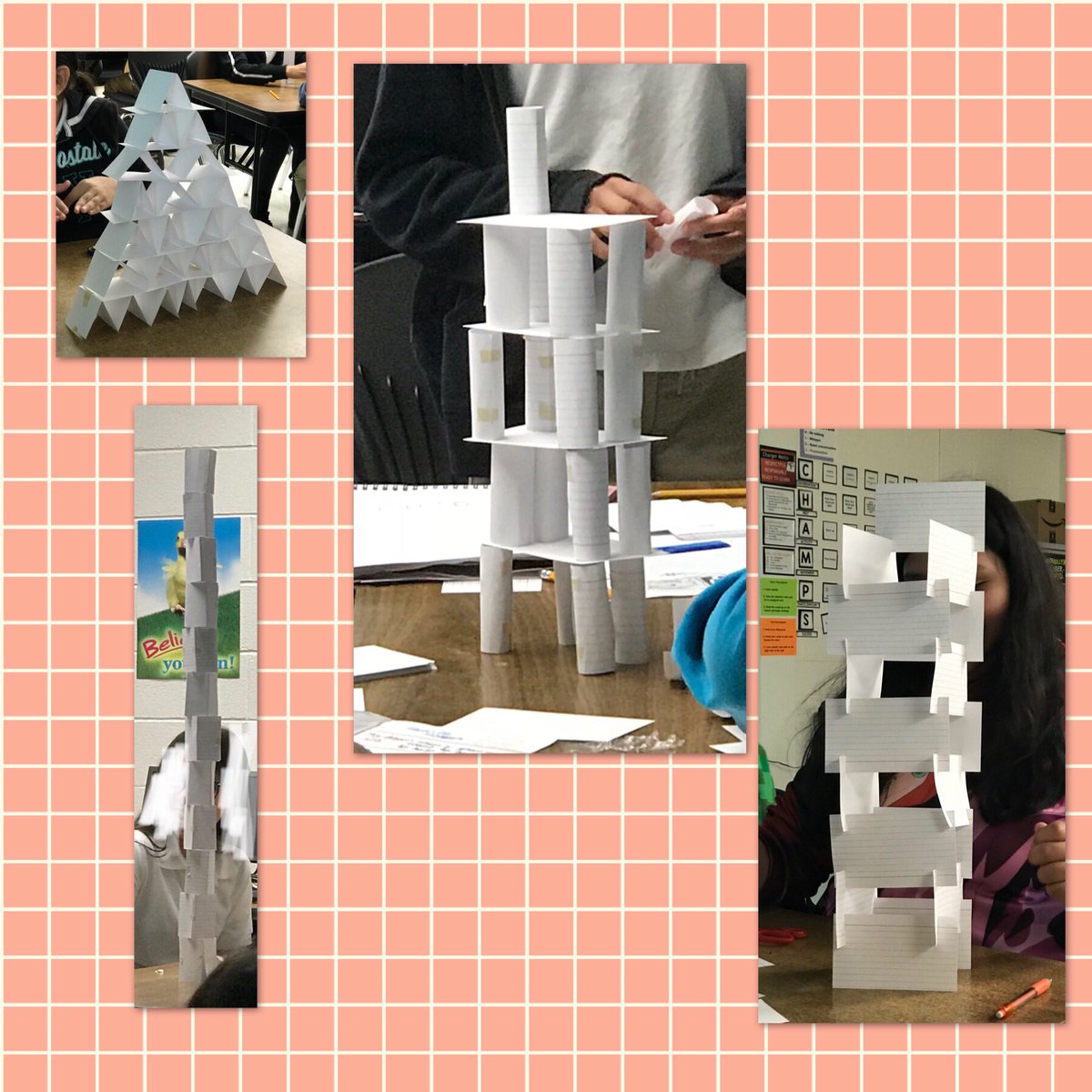 MsKidd1's tweet photo. Tower Challenge! 
100 index cards, 24 inches of tape, 20 minutes. The goal is to build the tallest tower. 

We have impressive results from our 6th graders!! 

#pltw #stem #EISD #EISDProud #gus #chargers #mskidd #buildingthefuture https://t.co/Q7xac5DbLl