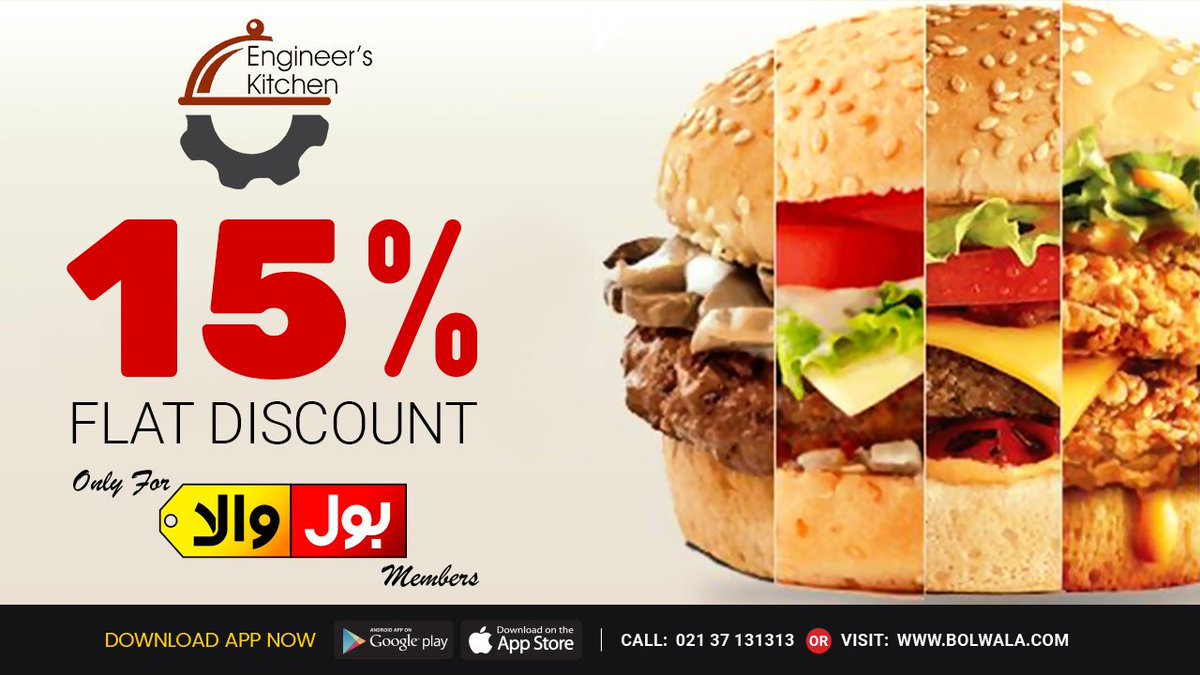 Bachatwala's tweet photo. Get the deliciously explosive burgers directly from ENGINEER'S KITCHEN with an amazing 15% BOLWALA discount.
Download Bolwala app to avail this offer!
https://t.co/oUd3f6e3Nn
#EngineersKitchen #Food #Burgers #Restaurants #JuicyBurger #Bolwala #Discount #BolwalaDiscount https://t.co/flBuGnO1Ln