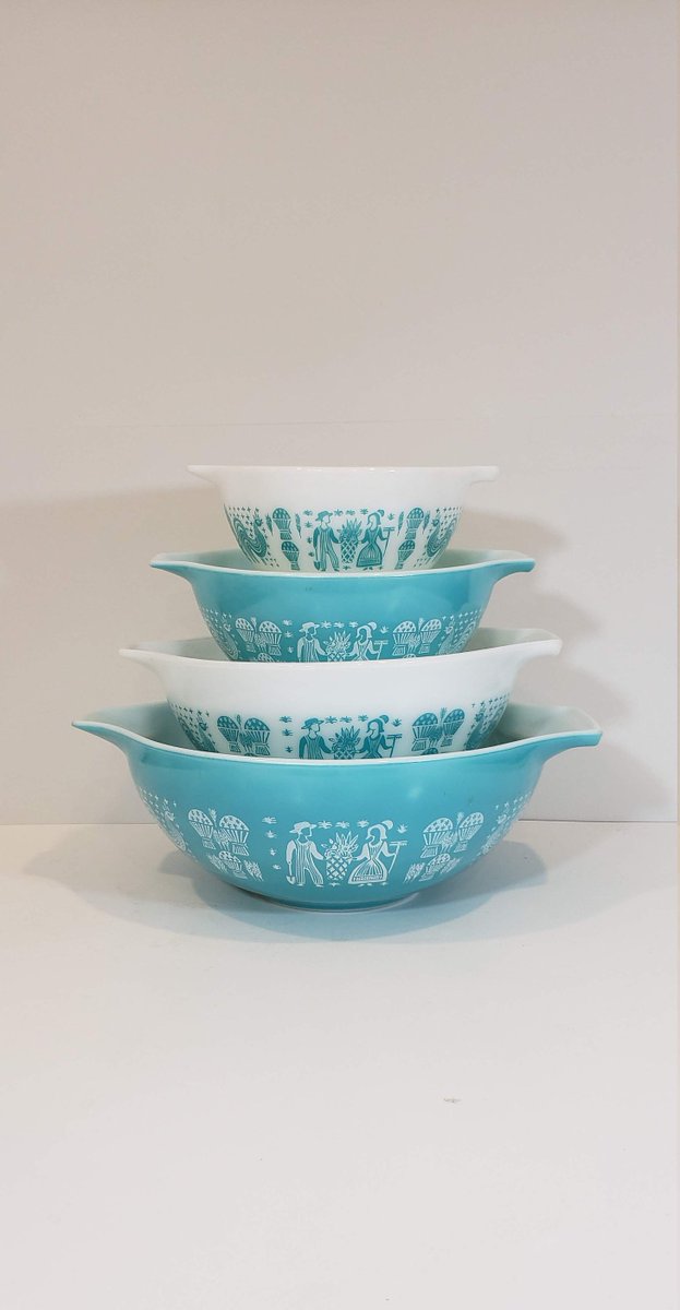 Pyrex Amish Butterprint Cinderella Mixing Bowl set of 4 Light Blue Turquoise and White. Vintage 60's complete Collectible Set. 
etsy.me/2PI4PNk #housewares #white #christmas #blue #glass #bluepyrex #turquoisepyrex #vintagepyrex #butterprint
