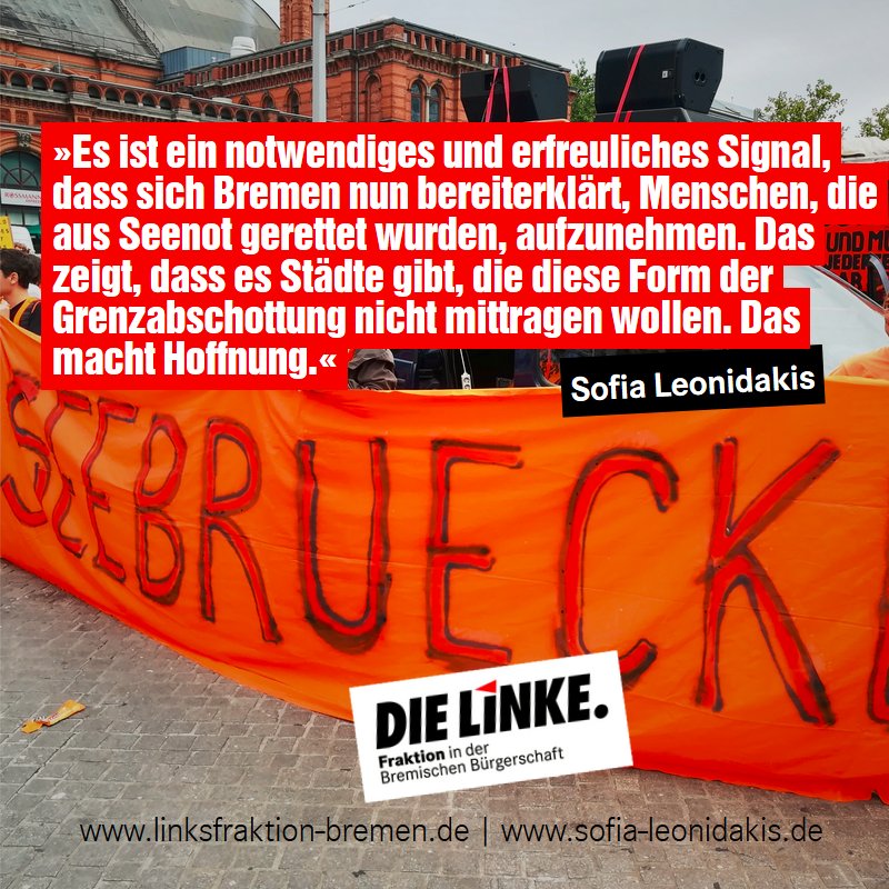 .@SofiaLeonidakis erfreut: #Bremen erklärt sich bereit, aus Seenot gerettete Geflüchtete aufzunehmen. Antrag von @LinksfraktionHB, @GrueneBremen und @SPDFraktionHB linksfraktion-bremen.de/nc/presse/deta…
#seebruecke #TogetherForRescue #bridgesnotwalls #flucht #refugees #bremerhaven #hbbue #linke