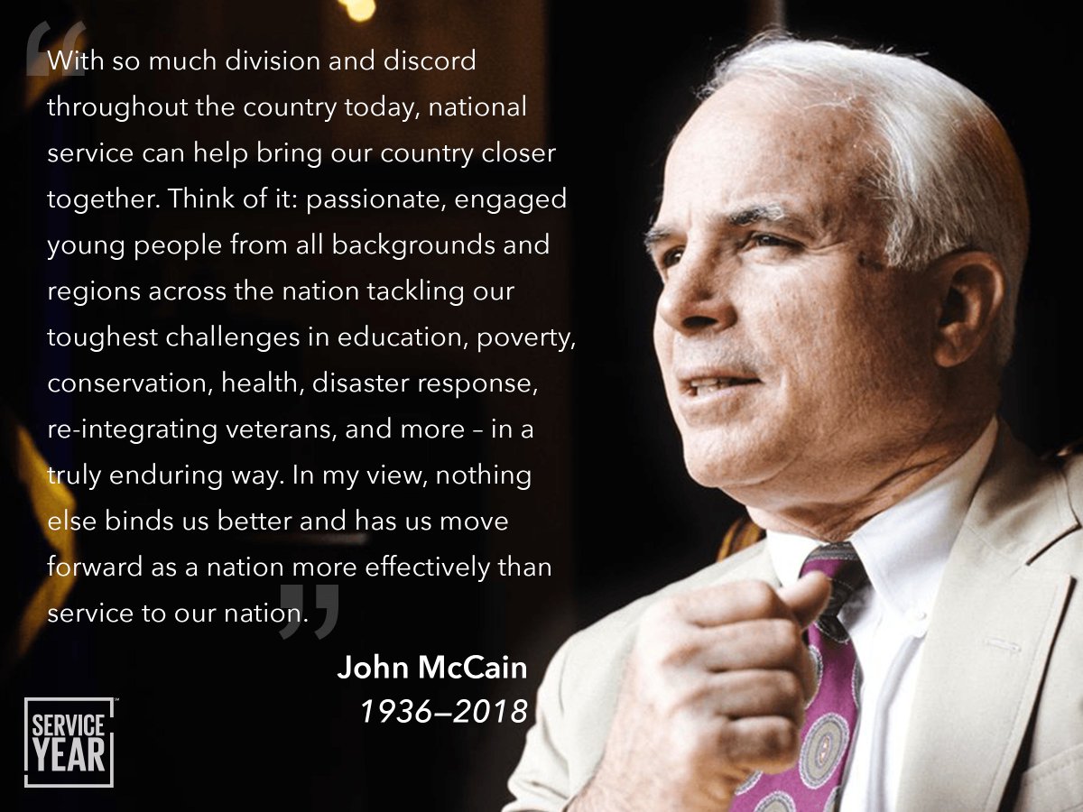 No one embodies national service more than John McCain. Rest in Peace, Senator. Thank you for your service and for always encouraging others to follow your lead and serve a cause greater than themselves. You are an inspiration to all of us and a true champion of #nationalservice.