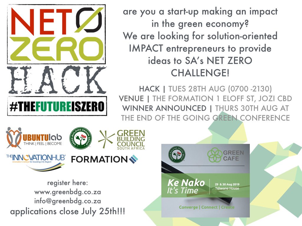 GreenBDG_'s tweet photo. The #NetZeroHack challenge is happening tomorrow at @theformationhub please follow the #NetZeroHack to see how it uncovers! #thefutureiszero @InnovHub @NuvoEnergy @JSE_Group https://t.co/ioNlarB6q3