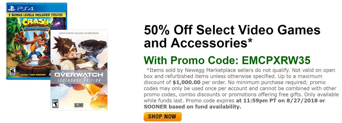 Wario64's tweet photo. 50% off select games/accessories at Newegg w/ code EMCPXRW35 https://t.co/T5HZMbbCTJ

$30: Sea of Thieves, Skyrim VR PSVR
$20: Crash Bandicoot N. Sane Trilogy PS4
$15: PUBG XBO, Doom VFR PSVR
$10: RE7 XBO, Okami HD XBO
&amp; more https://t.co/o18A24Y5Ju