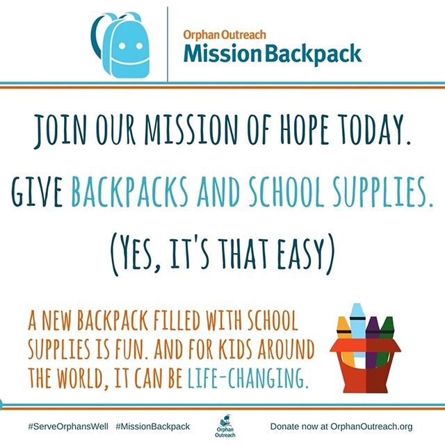 orphanoutreach's tweet photo. How easy is it for you to change a kid's life? Join our mission of HOPE and be part of #MissionBackpack. Yes, it's THAT easy. Make a donation online, and we'll take care of the rest - getting a backpack and filling it full of all the school supplies need… https://t.co/vQ3S9cbzBz https://t.co/Db6KUll9y3