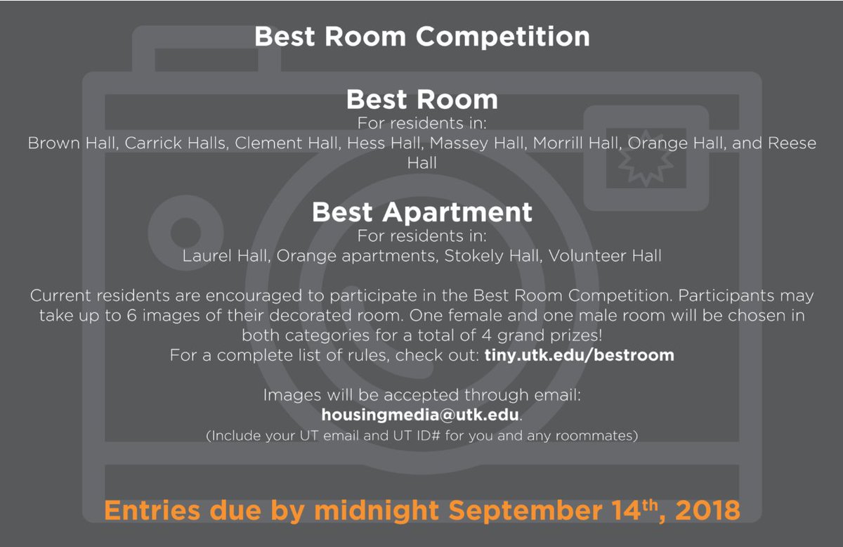 UTK_Housing's tweet photo. It's time to clean up your act... for the Best Room Competition!! Winners will receive a grand prize! Check out the flyer for more info. https://t.co/jKbABT0hwo