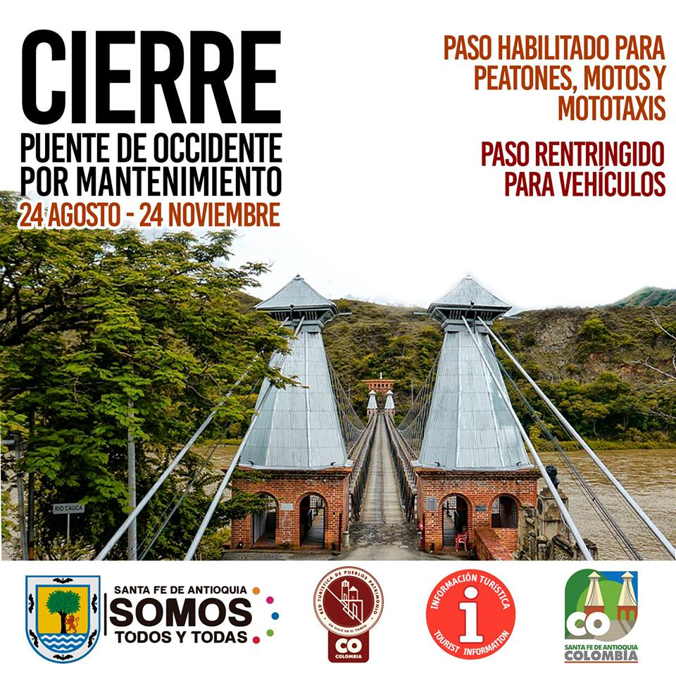 #Atención | Se informa a toda la Comunidad del EXTRAORDINARIO CIERRE del Puente de Occidente desde el 24 de Agosto hasta el 24 de Noviembre, por motivos de mantenimiento; paso habilitado para peatones, motos y mototaxis. Agradecemos difusión de este mensaje.
 #YoCuidoMiPuente