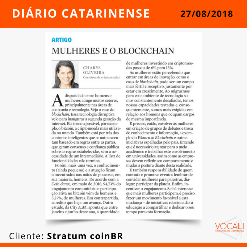 agenciavocali's tweet photo. A diretora operacional da @stratumcoinbr, Charys Oliveira, fala sobre o crescimento da participação das mulheres no mercado do blockchain. Confira o artigo publicado na edição desta segunda-feira, 27, do Diário Catarinense. #StratumCoinBR #ClienteVocali https://t.co/eMxYjHRrif