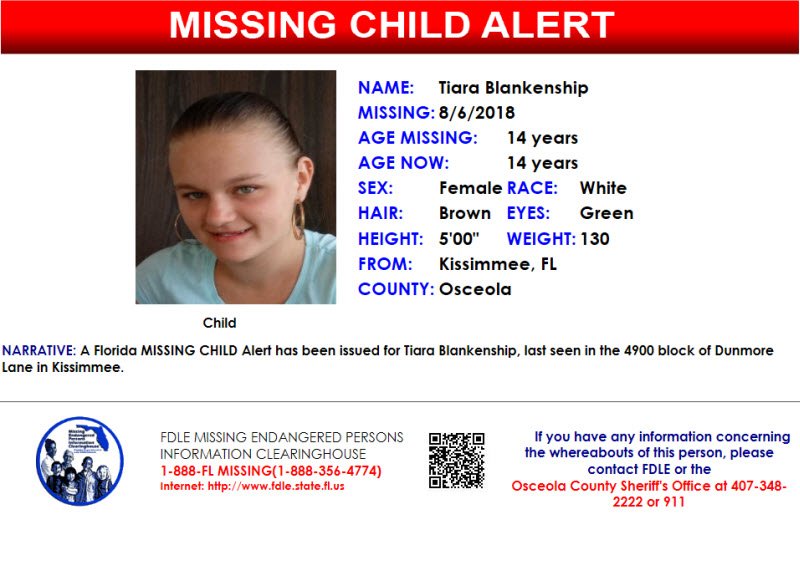 fdlepio's tweet photo. PLEASE SHARE!

FL MISSING CHILD Alert for Tiara Blankenship, a white female, 14 years old, 5 feet tall, 130 pounds, brown hair and green eyes, last seen in 4900 block of Dunmore Lane in Kissimmee, FL. Have info? Contact Osceola County SO at 407-348-2222 or 911. #FLMissingChild https://t.co/vY1ONuephd