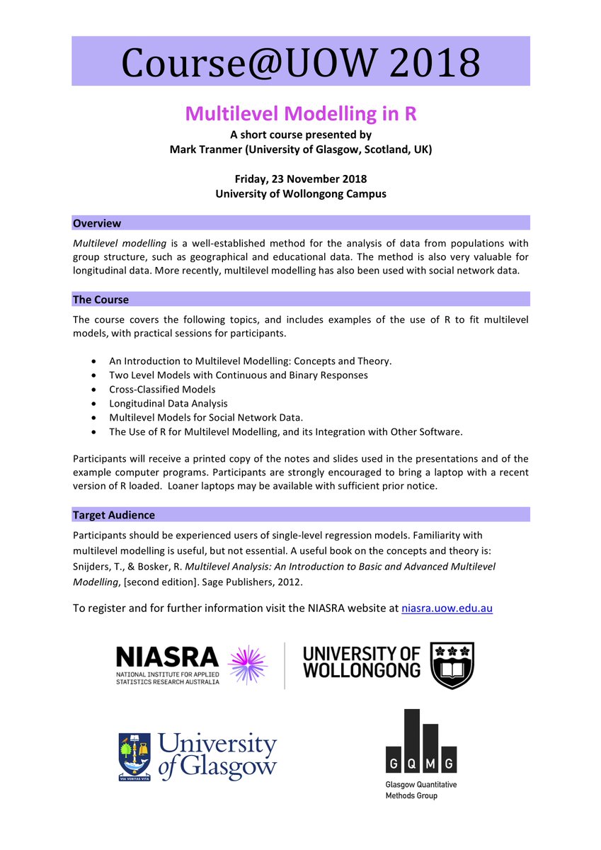 Am teaching a one-day 'Multilevel Modelling in R' course in Wollongong @UOW on Nov. 23rd via @uowniasra - prior to my talk on 27th via @ANSNA_Au at 3rd Australian Social Network Analysis Conference in ANU Canberra. Course details below. #MultilevelModelling #MultilevelModeling
