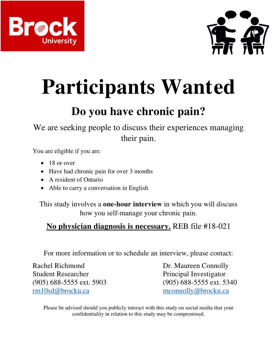 Looking for participants with #ChronicPain! We want to hear your story of how you #ManageYourPain. Contact rm10sd@brocku.ca or see the attached poster for details! #Spoonie #ShareOurPain #PainSupport #SelfManagement REB # 18-021 @BrockUResearch