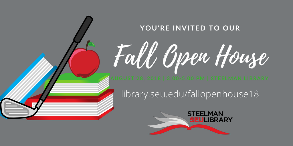 SteelmanLib's tweet photo. The library is hosting our annual Open House tomorrow, August 28, from 3-5pm.  Stop by and play some goofy golf, meet Scorch, eat plenty of goodies and win a prize.
You may even learn something about the library.  #steelmanoh18 #seu #librarylife https://t.co/kvBcS04rcd