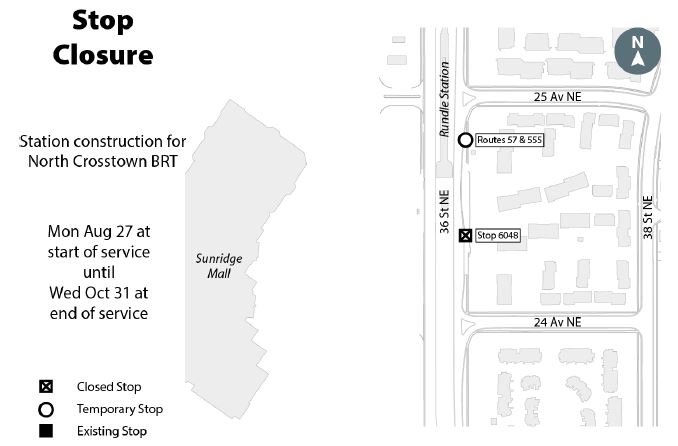 calgarytransit's tweet photo. #CTRiders Effective immediately #Stop6048 northbound on 36 St NE at 24 Av NE (Rundle Station) is closed until Nov 1. Please use the temporary stop #Stop8278 near the electrical post at the near side or 25 Ave NE. This affects #Route57 and #Route555. https://t.co/TBr41DLpzR