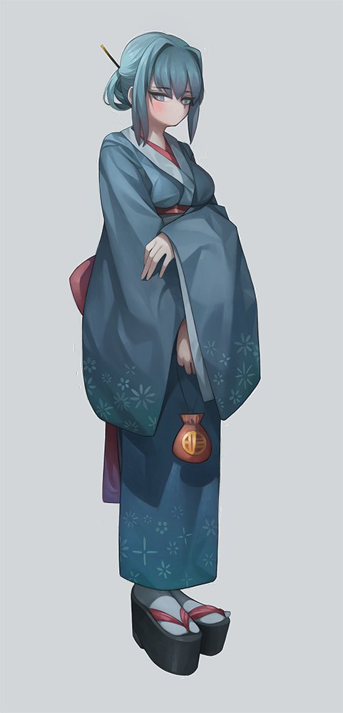 1girl solo japanese clothes kimono blue kimono full body simple background  illustration images