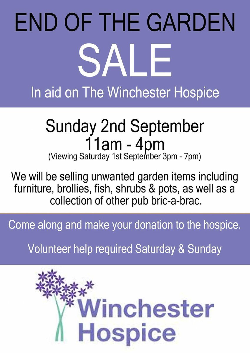 After a fun filled, damp weekend in The Queen Inn garden, it is time to say goodbye to our trusted benches, chairs, goldfish, koi and shrubs!   

Please support our Garden Sale next Sunday. We want to raise as much as we can for the <a href="/WinchHospice/">Winchester Hospice</a>