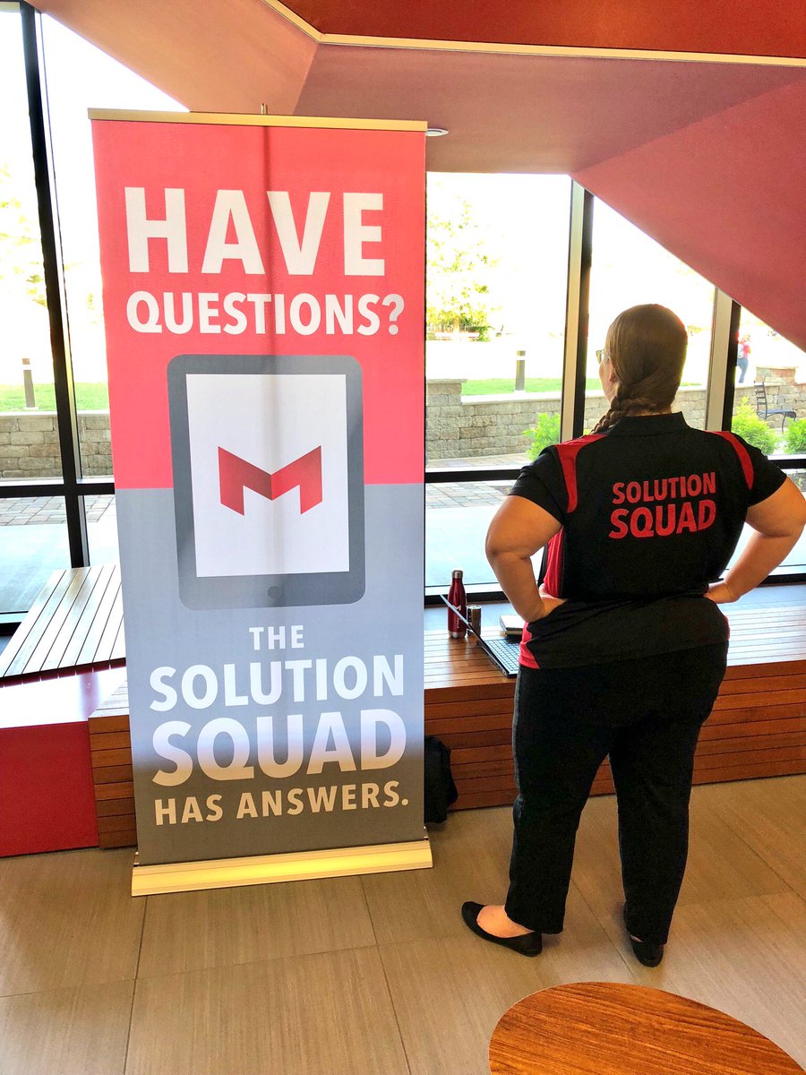 Questions on your first day? Our new Solutions Squad is in Walker Hall till 12. Then the dining hall from 12-2, then in the DUC from 2-4 and Walker from 2-4! Anything you need, find a team member!
