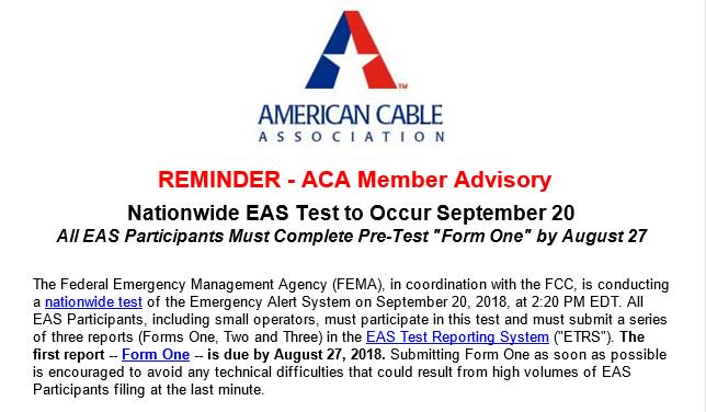 MatthewMPolka's tweet photo. #ATTENTION @AmericanCable Mbrs! @FCC #Form1 for the upcoming nationwide #EAS test on 9/20 is due TODAY! Check for your #ACAAdvisory in your email on what you need to do! Call us if you have questions! #WEConnect! https://t.co/NqmofZtGvh