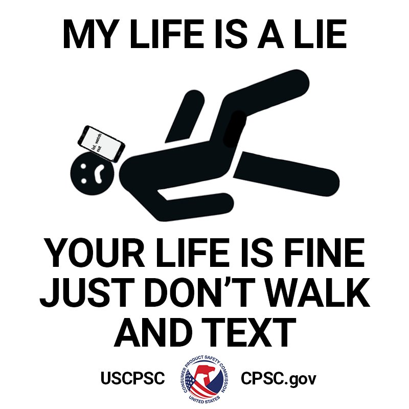 A figure of a person lying on their back with a frowny face. Their phone is on top of their face. The text reads: My life is a lie. Your life is fine. Just don't walk and text.