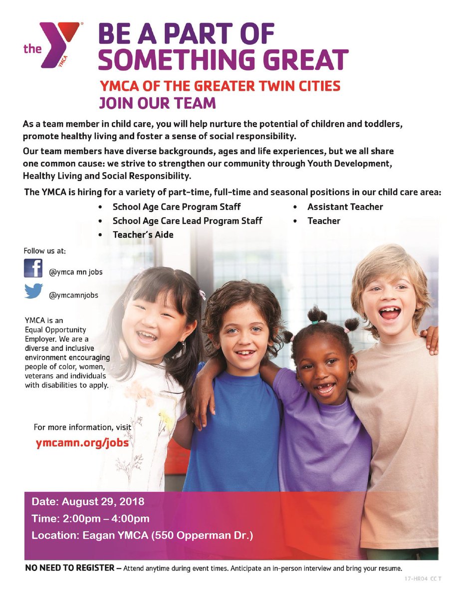 Be a part of something great! Look for childcare career opportunities with YMCA at our hiring event on August 29th from 2 PM - 4 PM at the Eagan YMCA. 
#beapartofsomethinggreat #ygtc #ymcachildcare #ymn