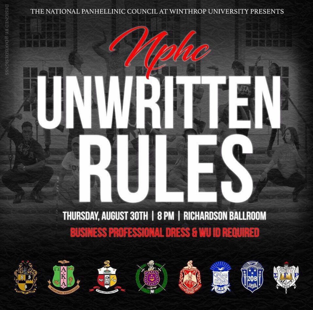 WU_GreekLife's tweet photo. Interested in learning more about NPHC organizations on Winthrop's campus, as well as their intake process? Check out these events coming this week! https://t.co/GA7ErzLWgG