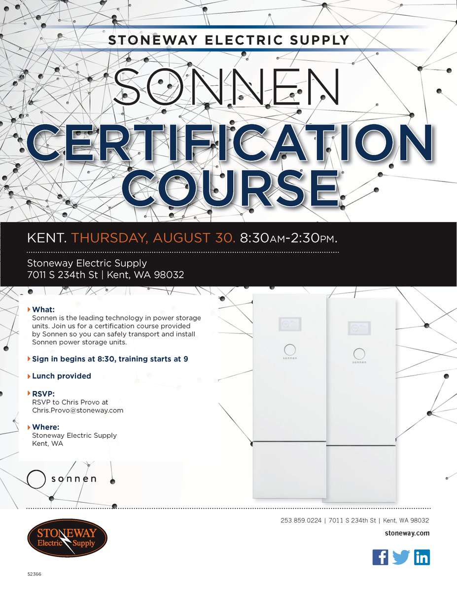 stonewayelect's tweet image. Remember to sign up for our @SonnenUSA Certification Course on Thursday, August 30th from 8:30AM - 2:30PM at our #Kent branch. Certification Training is required in order to be authorized to purchase and install Sonnen storage equipment.
#Solar #EnergyStorage #Batteries