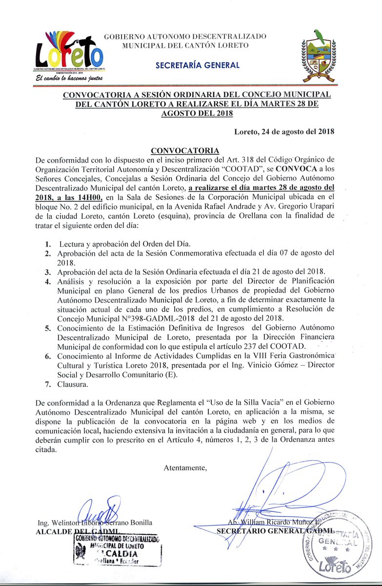 #CONVOCATORIA  
Se realiza la convocatoria a Sesión Ordinaria del Concejo Municipal del  Cantón #Loreto a realizarse el día martes 28 de agosto del 2018.  
Más detalles...