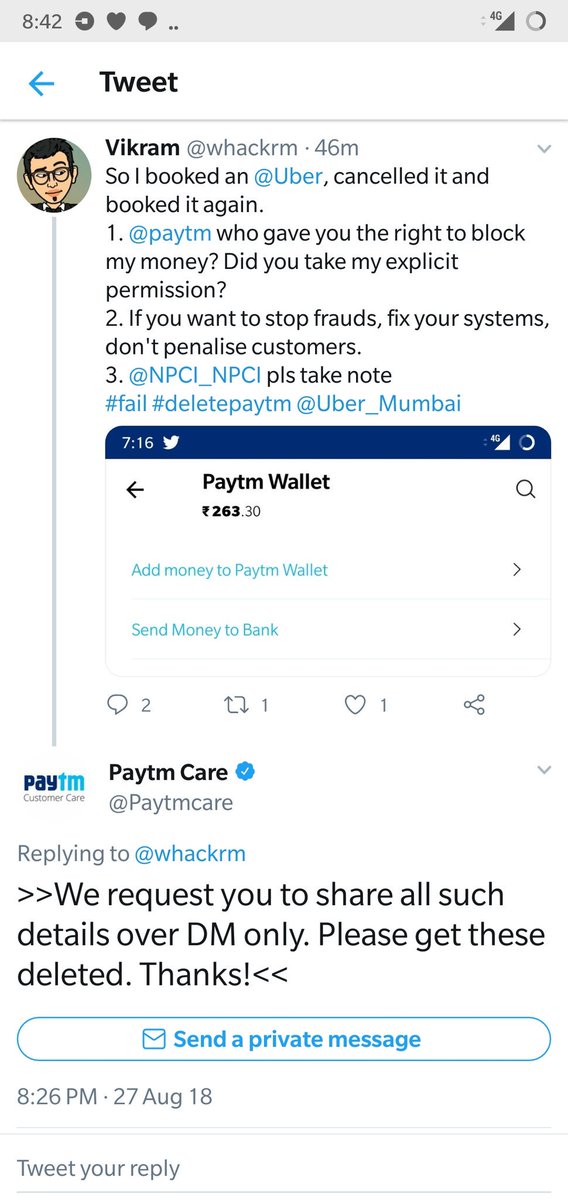 whackrm's tweet image. @Paytm none of my personal or transaction details are shared here, why should I delete this? Please elaborate??

Also my first question: who gave you the right to block my money?

@NPCI_NPCI @jagograhakjago @ManishMaurya09 

#deletepaytm #paytmfail