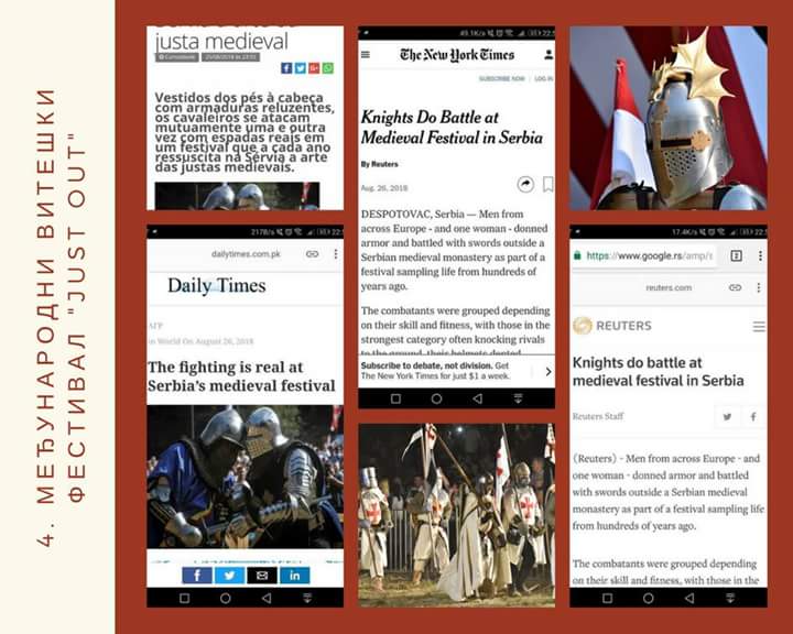 СВЕТСКИ МЕДИЈИ ПИШУ О ДЕСПОТОВЦУ

Вест о 4. међународном витешком фестивалу "JUST OUT" обишла је свет. О тродневном враћању витешким вредностима и традицији у част деспота Стефана Лазаревића писали су Њујорк тајмс, Дејли тајмс, Ројтерс и многи други...