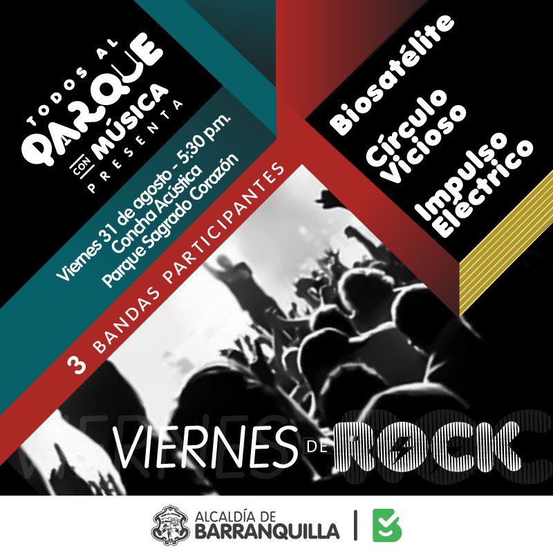 ¡Regresa #ViernesDeRock a la concha acústica del parque Sagrado Corazón! Nos vemos este viernes 31 de agosto para despedir el mes al ritmo de tres importantes bandas de la escena local de este género. La cita es desde las 5:30p.m. Barranquilla #ViveLaCultura.