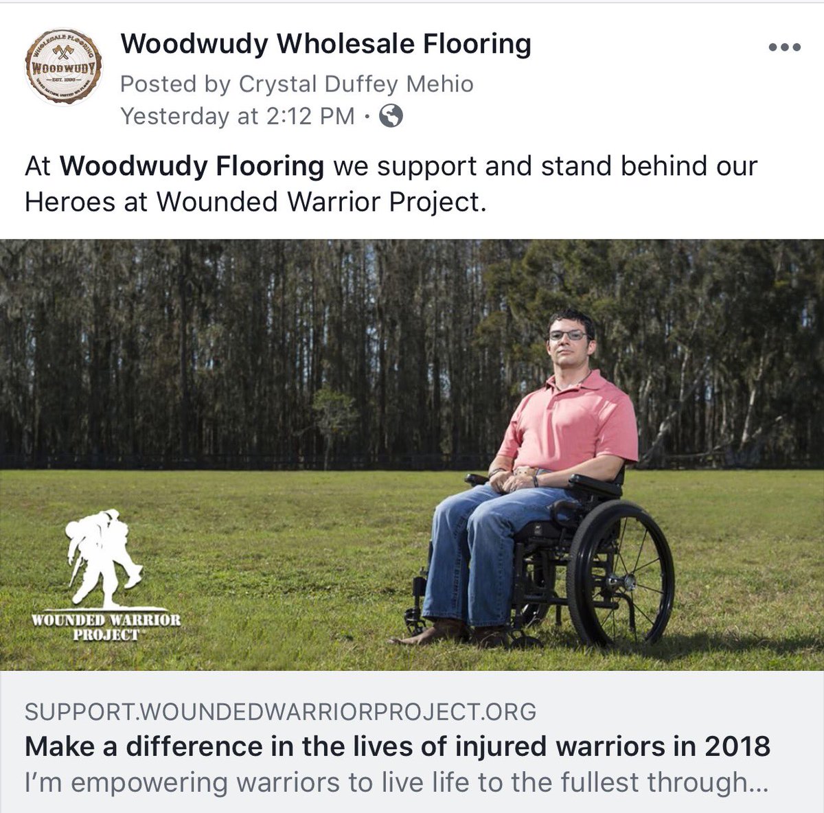 WoodwudyFloor's tweet photo. Woodwudy Wholesale Flooring is proud to support the Wounded Warrior Project with every purchase. #woodwudywholesaleflooring #peachtreecityga #woundedwarrior #woundedwarriorproject #woodwudygivesback #communityinvolvement #fayettevillega #honoringthosewhoserved #onenationunited https://t.co/dMRvDFPrf2