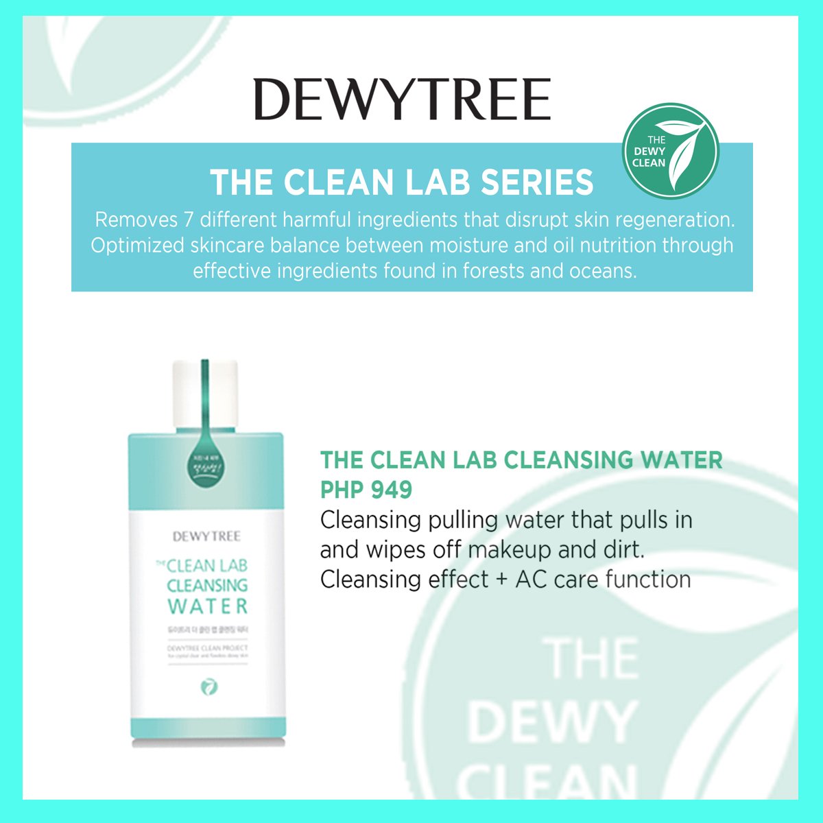 DewyTreePH's tweet photo. The Clean Lab Cleansing Water
PHP 949

Cleansing pulling water that pulls in and wipes off 
makeup and dirt. 
Cleansing effect + AC Care function

The clean lab cleansing – birch sap base to provide moisture &amp; nutrition at the same time with less irritation

#dewytree #CleanLab https://t.co/ZabSQbcTdd
