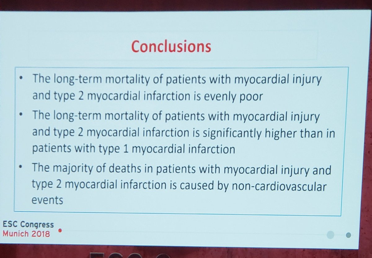Startlingly high mortality associated with myocardial injury even without infarction, and occurs due to non-cardiovascular events, shown by Dr. Mickley at #ESCCongress #troponin #myocardialinjury