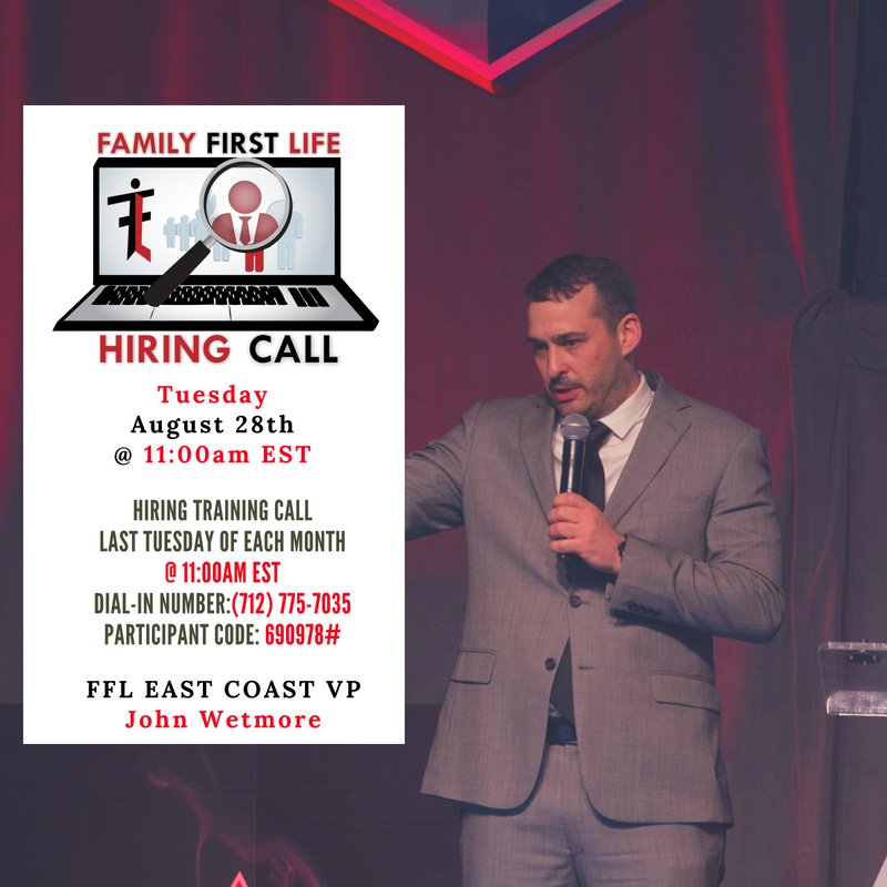 FamilyFirstLife's tweet photo. Join FFL Hiring Director, Precious Smith &amp; FFL East Coast VP, John Wetmore on the monthly Hiring Training Call - Tuesday 8/28 at 11AM EST. Precious &amp; John the training topic will be "How To Double Your Agency The Right Way."#WinWithFFL #HiringCall #InsuranceAgent #InsuranceCareer https://t.co/9YXdvyE9kZ