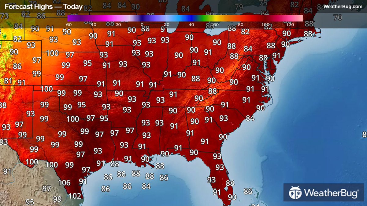 WeatherBug's tweet photo. #Lunchtime is fast approaching in the #East and it is already a hot one! Temps are already in the middle to upper 80s on the I-95 corridor and throughout the South. Heading to the 90s in most places! #augustheatwave https://t.co/cwmMx5V9eZ https://t.co/4bbwweZcHU