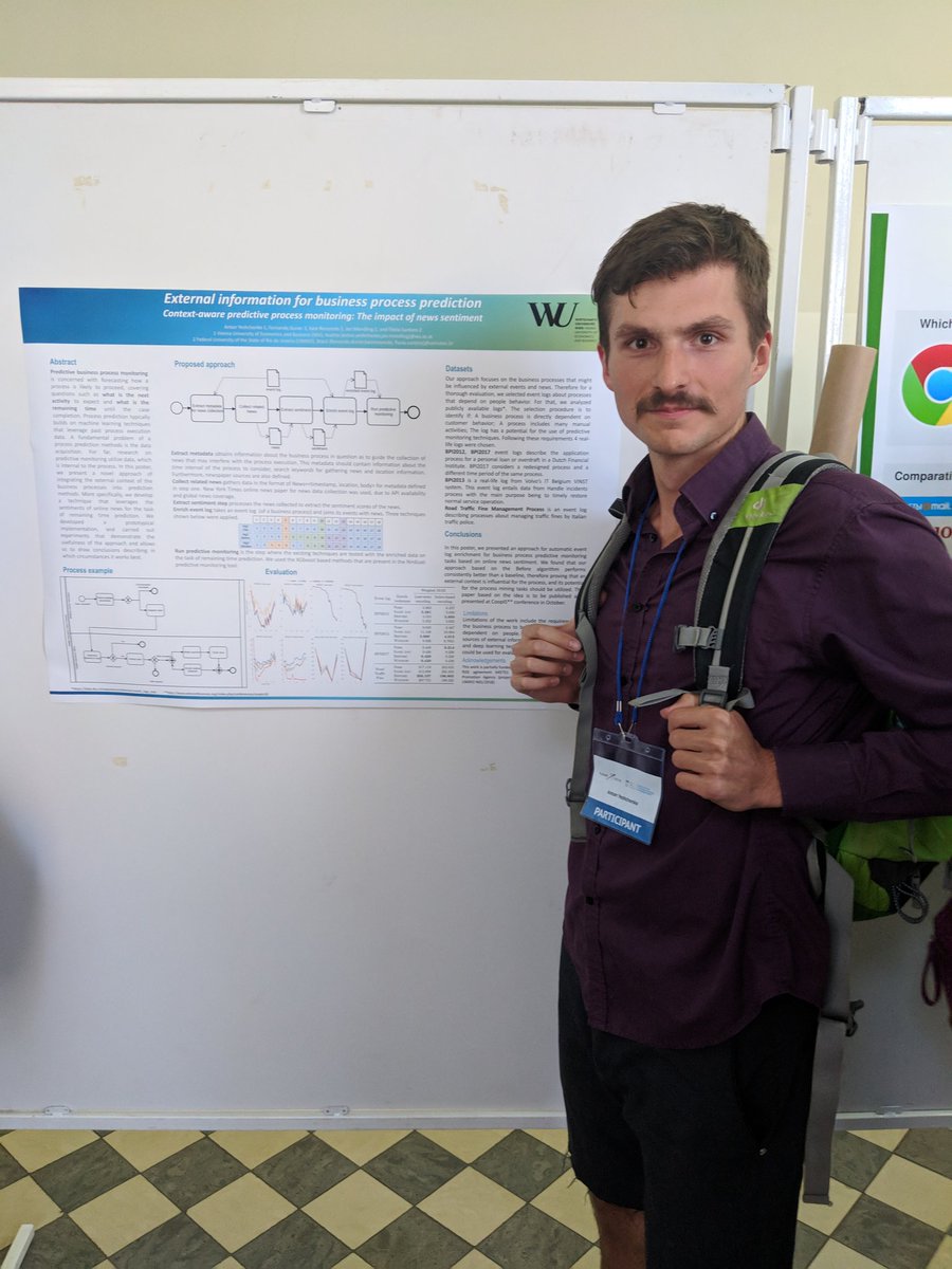 AntonYeshchenko's tweet photo. Showing poster about news influence on business processes, and experimental mustache at #Russir in Kazan. #processmining #bpm https://t.co/28kh0iUeX3