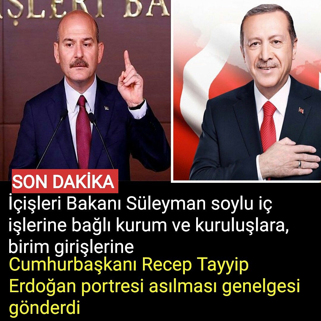 YazariMedya's tweet photo. Bakan SÜLEYMAN SOYLU;
 İçişleri Bakanlığı'na bağlı kurum ve kuruluşlara, birim girişlerine Cumhurbaşkanı Recep Tayyip Erdoğan portresinin asılması genelgesini gönderdi
Helal soylu 👏👏

#dolar
 S-400 F-35 https://t.co/E6XrrWa0Pj